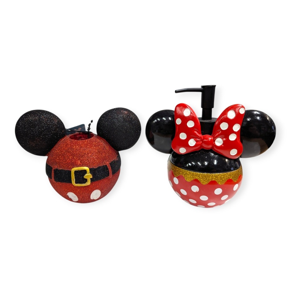 Disney Mickey Minnie Mouse Christmas Soap Dispenser Toothbrush Holder Set NEW